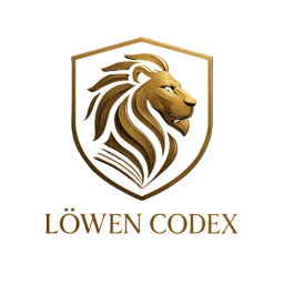 Goldenes Löwen­emblem in Schildform, Schriftzug „LÖWEN CODEX“ darunter, schwarzer Hintergrund.