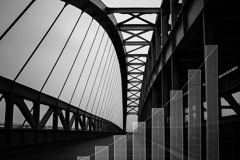 Struktur schafft Wachstum – Kapital mit System. Stahlbrücke bei Nacht mit aufsteigendem Diagramm – Symbol für stabile Kapitalstruktur und systemisches Wachstum.